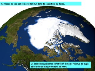 As masas de xeo cobren arredor dun 10% da superficie da Terra.
Os casquetes glaciares constitúen a maior reserva de auga
doce do Planeta (30 millóns de km3
).
 