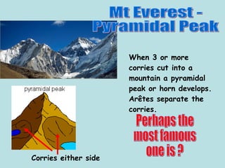Mt Everest -  Pyramidal Peak Corries either side When 3 or more corries cut into a mountain a pyramidal peak or horn develops. Arêtes separate the corries. Perhaps the  most famous  one is ? 