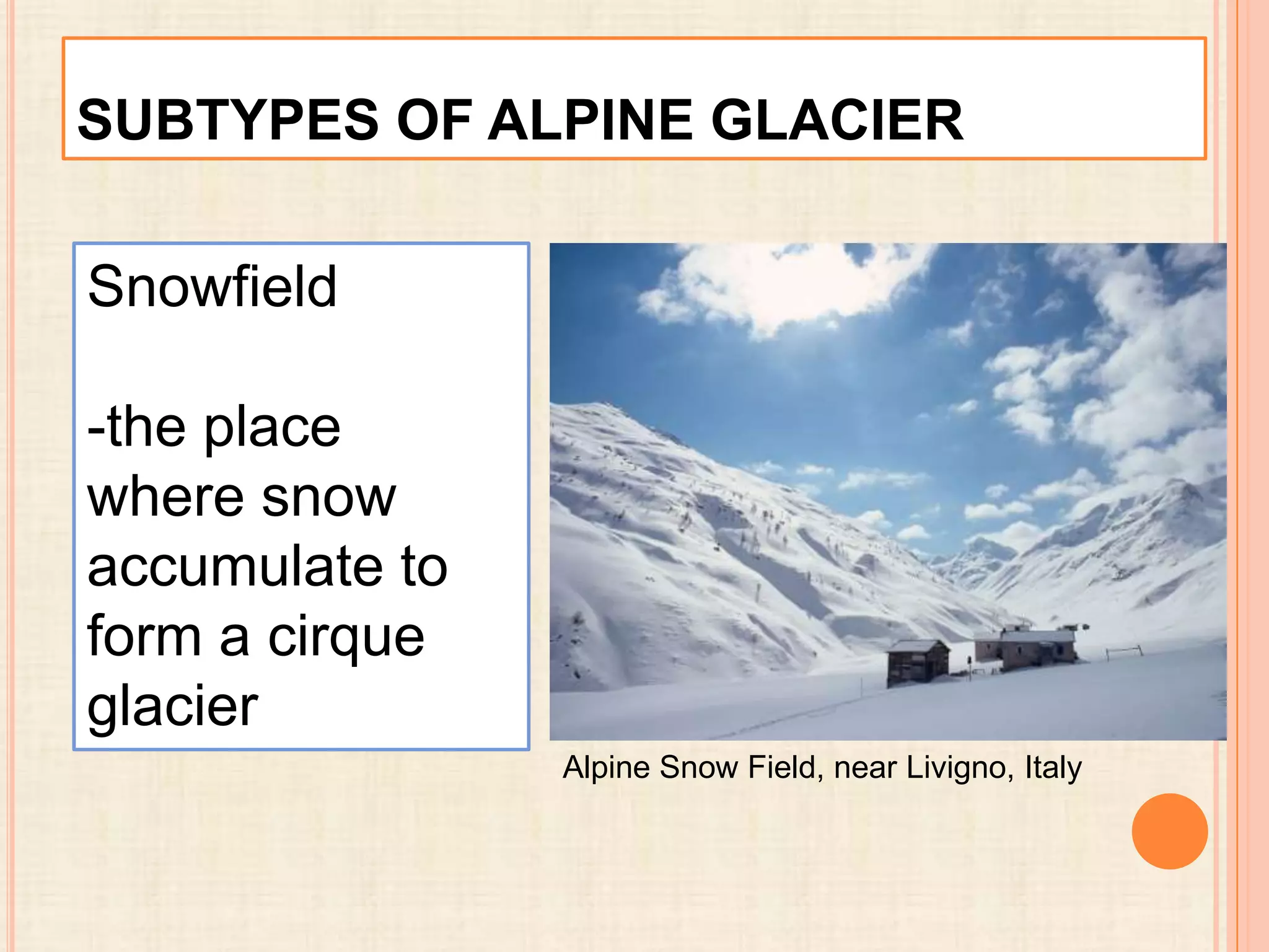 SUBTYPES OF ALPINE GLACIER

Snowfield
-the place
where snow
accumulate to
form a cirque
glacier
Alpine Snow Field, near Livigno, Italy

 