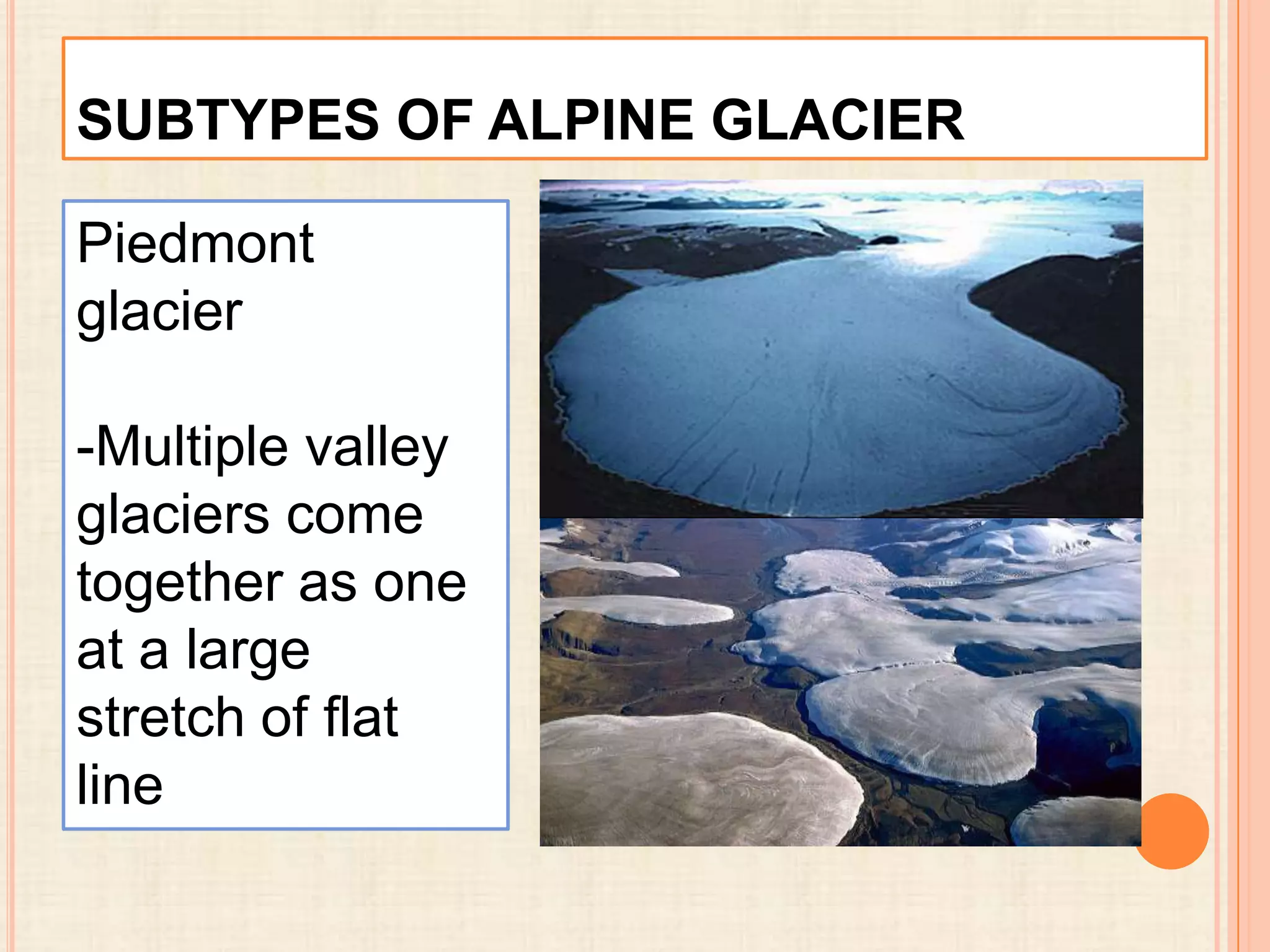 SUBTYPES OF ALPINE GLACIER
Piedmont
glacier
-Multiple valley
glaciers come
together as one
at a large
stretch of flat
line

 
