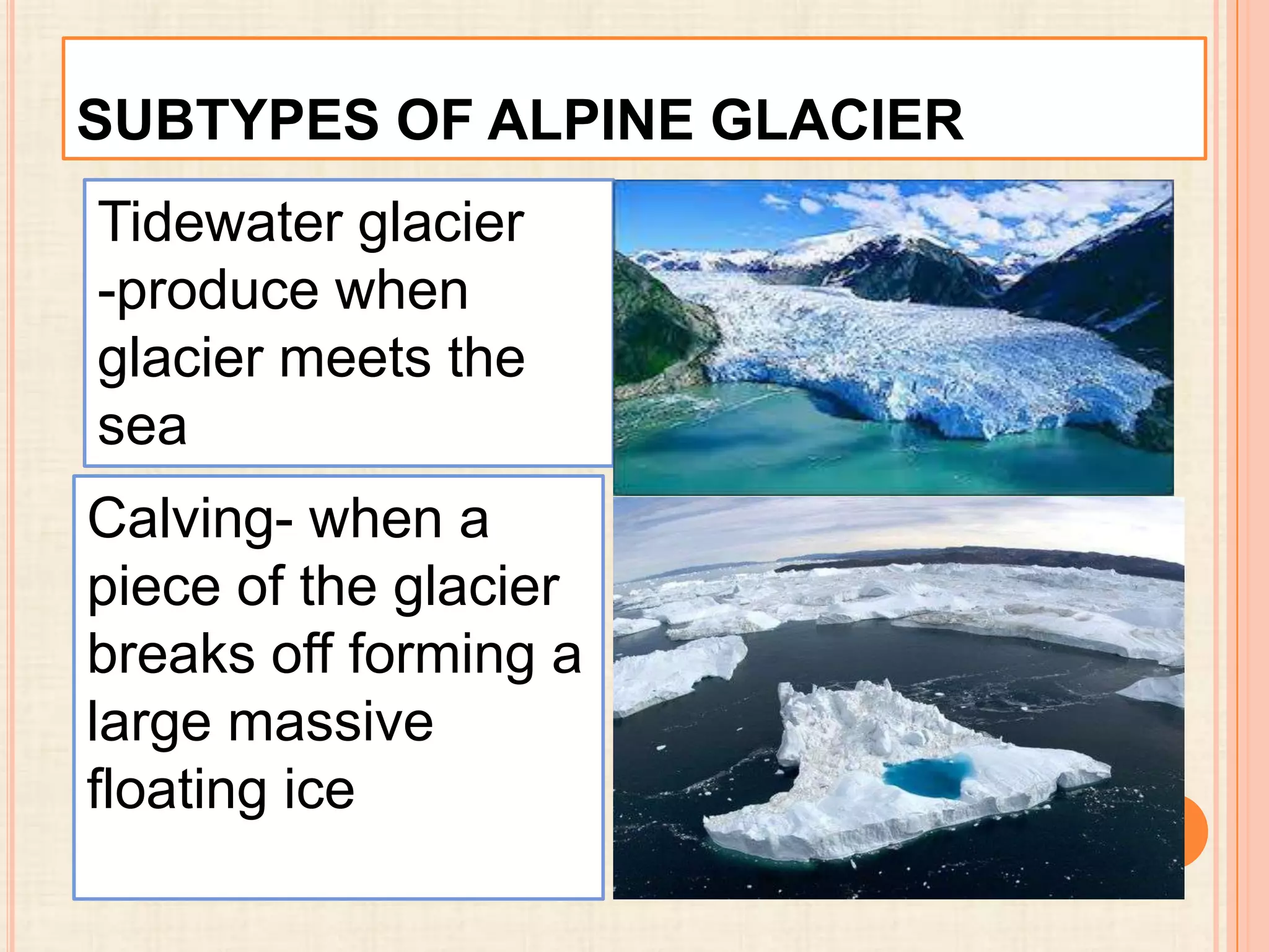 SUBTYPES OF ALPINE GLACIER
Tidewater glacier
-produce when
glacier meets the
sea

Calving- when a
piece of the glacier
breaks off forming a
large massive
floating ice

 