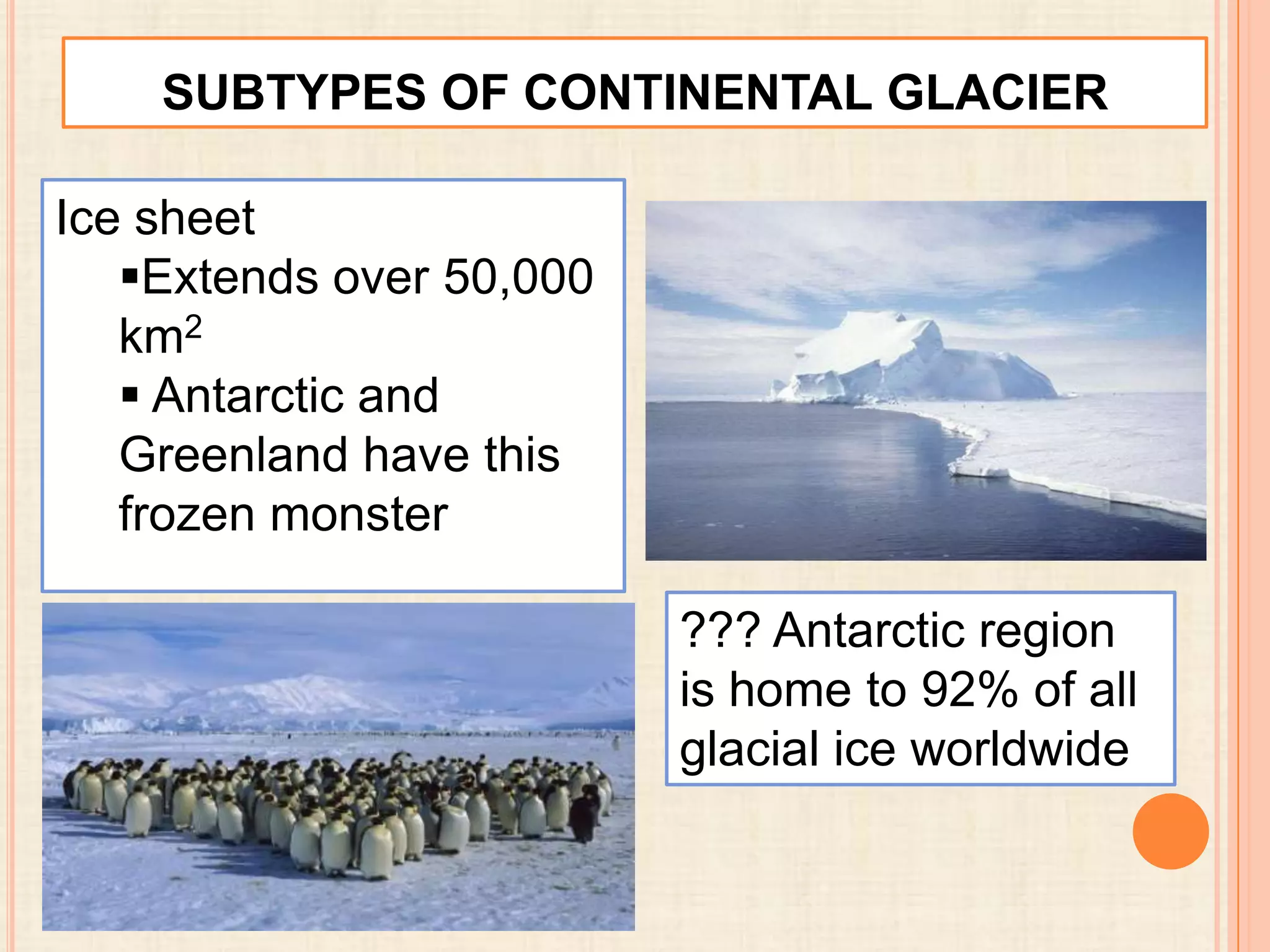 SUBTYPES OF CONTINENTAL GLACIER
Ice sheet
Extends over 50,000
km2
 Antarctic and
Greenland have this
frozen monster
??? Antarctic region
is home to 92% of all
glacial ice worldwide

 