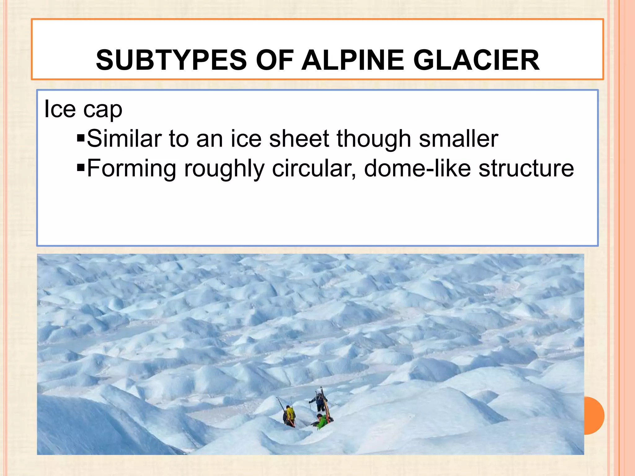SUBTYPES OF ALPINE GLACIER
Ice cap
Similar to an ice sheet though smaller
Forming roughly circular, dome-like structure

 