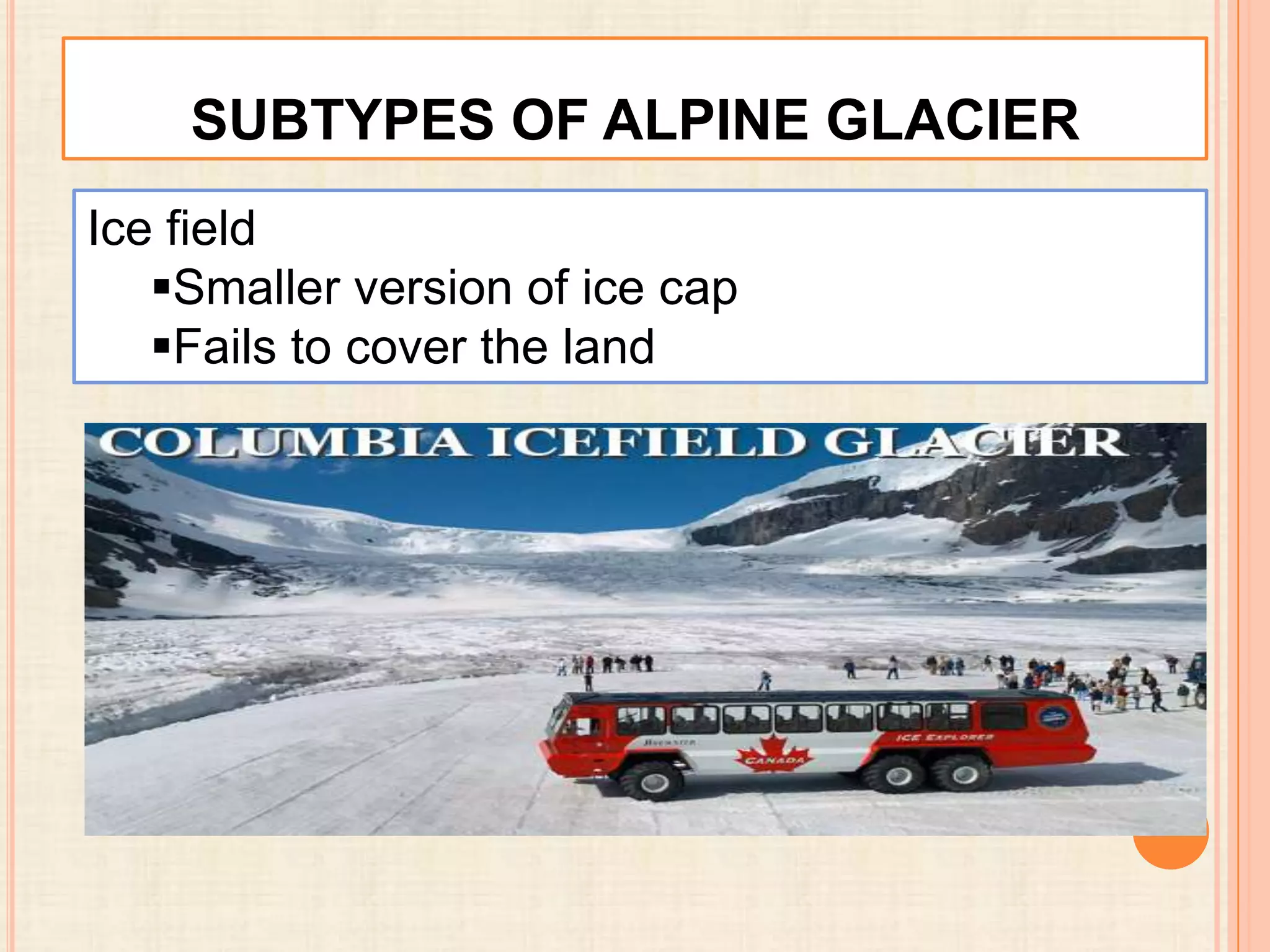 SUBTYPES OF ALPINE GLACIER
Ice field
Smaller version of ice cap
Fails to cover the land

 