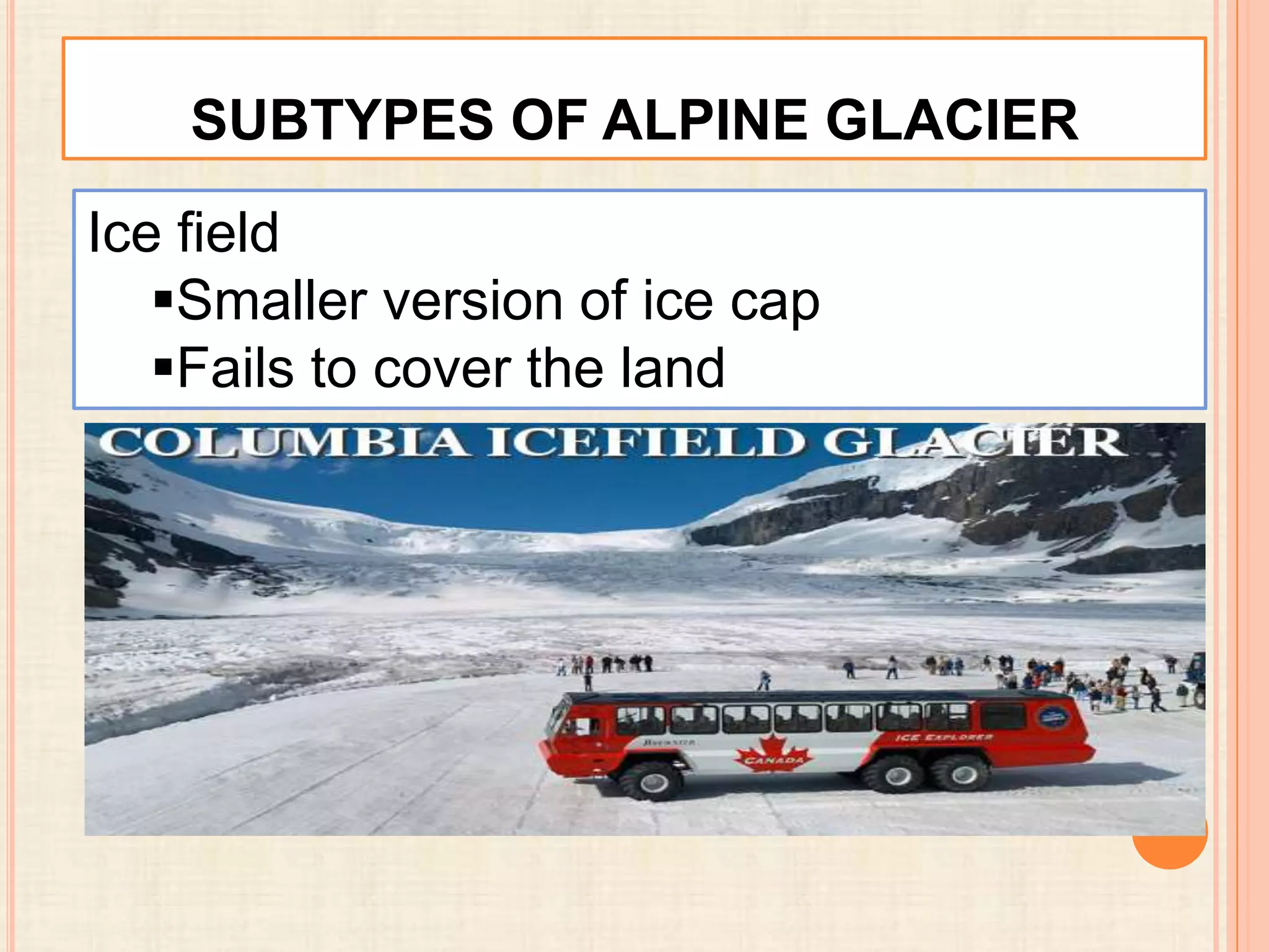 SUBTYPES OF ALPINE GLACIER
Ice field
Smaller version of ice cap
Fails to cover the land

 