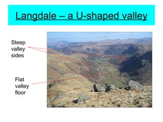 Langdale – a U-shaped valley Steep valley sides Flat valley floor 