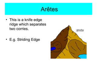 Arêtes This is a knife edge ridge which separates two corries. E.g. Striding Edge 