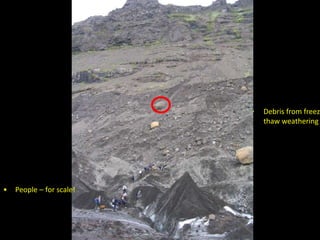 • Debris from freeze
thaw weathering
• People – for scale!
 
