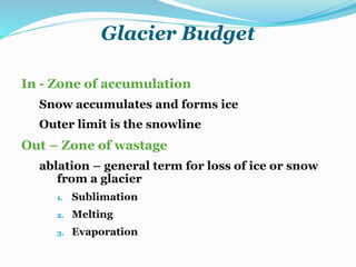 Glacier Budget
In - Zone of accumulation
Snow accumulates and forms ice
Outer limit is the snowline
Out – Zone of wastage
ablation – general term for loss of ice or snow
from a glacier
1. Sublimation
2. Melting
3. Evaporation
 