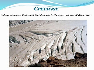 Crevasse
A deep, nearly vertical crack that develops in the upper portion of glacier ice.
 