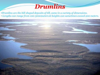 Drumlins
•Drumlins are the hill shaped deposits of till, come in a variety of dimensions.
• Lengths can range from 100-5000meters & heights can sometimes exceed 200 meters.
 
