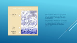 Glaciers form when snow remains in
the same area year round, where
enough snow is changed to ice by
compression.
Movement of glaciers are caused by
melted water that sinks to the bottom
of the glaciers that becomes a
slippery layer that can make the
glacier slide.
 