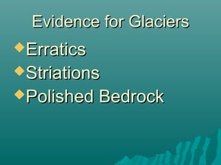 Evidence for GlaciersEvidence for Glaciers
ErraticsErratics
StriationsStriations
Polished BedrockPolished Bedrock
 