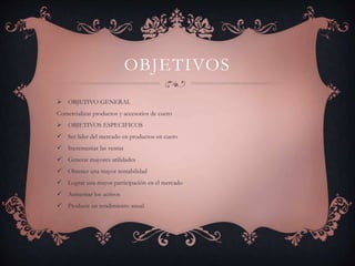 OBJETIVOS 
 OBJETIVO GENERAL 
Comercializar productos y accesorios de cuero 
 OBJETIVOS ESPECIFICOS 
 Ser líder del mercado en productos en cuero 
 Incrementar las ventas 
 Generar mayores utilidades 
 Obtener una mayor rentabilidad 
 Lograr una mayor participación en el mercado 
 Aumentar los activos 
 Producir un rendimiento anual. 
 