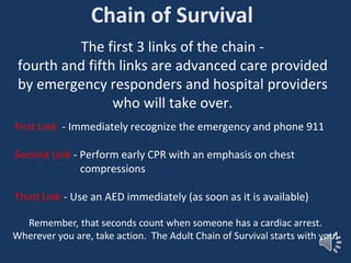The first 3 links of the chain -
fourth and fifth links are advanced care provided
by emergency responders and hospital providers
who will take over.
First Link - Immediately recognize the emergency and phone 911
Second Link - Perform early CPR with an emphasis on chest
compressions
Third Link - Use an AED immediately (as soon as it is available)
Remember, that seconds count when someone has a cardiac arrest.
Wherever you are, take action. The Adult Chain of Survival starts with you!
Chain of Survival
 