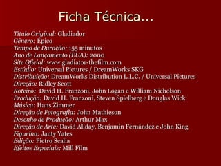 Ficha Técnica... Título Original:  Gladiador Gênero:  Épico Tempo de Duração:  155 minutos Ano de Lançamento (EUA):  2000 Site Oficial:  www.gladiator-thefilm.com Estúdio:  Universal Pictures / DreamWorks SKG Distribuição:  DreamWorks Distribution L.L.C. / Universal Pictures Direção:  Ridley Scott Roteiro:   David H. Franzoni, John Logan e William Nicholson Produção:  David H. Franzoni, Steven Spielberg e Douglas Wick Música:  Hans Zimmer Direção de Fotografia:  John Mathieson Desenho de Produção:  Arthur Max Direção de Arte:  David Allday, Benjamín Fernández e John King Figurino:  Janty Yates Edição:  Pietro Scalia Efeitos Especiais:  Mill Film  