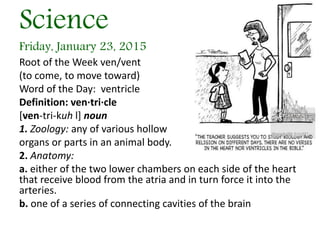 Science
Friday, January 23, 2015
Root of the Week ven/vent
(to come, to move toward)
Word of the Day: ventricle
Definition: ven·tri·cle
[ven-tri-kuh l] noun
1. Zoology: any of various hollow
organs or parts in an animal body.
2. Anatomy:
a. either of the two lower chambers on each side of the heart
that receive blood from the atria and in turn force it into the
arteries.
b. one of a series of connecting cavities of the brain
 