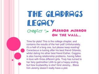 The Gladrags Legacy Mirror mirror on the wall... Chapter 5-  Time for plots! This is the college chapter, and contains the results of the heir poll! Unfortunately, it’s a hell of a long one, but please keep reading! Caractacus is lusting after his best friend Orlando, whilst dating his other best friend Esther. Coggins is also having relationship problems, having fallen in love with three different girls. Truly has turned to her fairy godmother Lilith to get a happy ending, but how trustworthy is she? And Jeremy... Bless him Jeremy doesn’t really have a plot.   