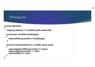 Ethereum
contract MyToken
{
mapping (address => uint256) public balanceOf;
constructor (uint256 initialSupply)
{
balanceOf[msg.sender] = initialSupply;
}
function transfer(address to, uint256 value) public
{
require(balanceOf[msg.sender] >= value);
balanceOf[msg.sender] - = value;
balanceOf[to] += value;
}
}
15
 