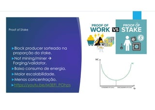 Proof of Stake
Block producer sorteado na
proporção do stake.
Not mining/miner 
Forging/validator.
Baixo consumo de energia.
Maior escalabilidade.
Menos concentração.
https://youtu.be/M3EFi_POhps
16
 