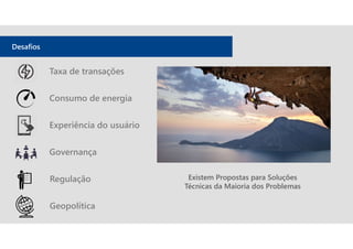 Desafios
Existem Propostas para Soluções
Técnicas da Maioria dos Problemas
Consumo de energia
Governança
Experiência do usuário
Regulação
Taxa de transações
Geopolítica
 