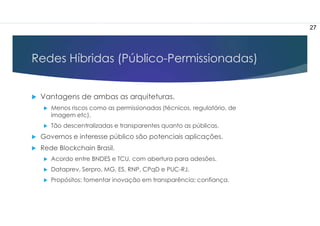 Redes Híbridas (Público-Permissionadas)
 Vantagens de ambas as arquiteturas.
 Menos riscos como as permissionadas (técnicos, regulatório, de
imagem etc).
 Tão descentralizadas e transparentes quanto as públicas.
 Governos e interesse público são potenciais aplicações.
 Rede Blockchain Brasil.
 Acordo entre BNDES e TCU, com abertura para adesões.
 Dataprev, Serpro, MG, ES, RNP, CPqD e PUC-RJ.
 Propósitos: fomentar inovação em transparência; confiança.
27
 
