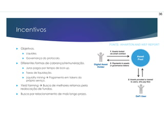 Incentivos
 Objetivos.
 Liquidez.
 Governança do protocolo.
 Diferentes formas de cobrança/remuneração.
 Juros pagos por tempo de lock-up.
 Taxas de liquidação.
 Liquidity mining  Pagamento em tokens do
próprio serviço.
 Yield farming  Busca de melhores retornos pela
realocação de fundos.
 Busca por relacionamento de mais longo prazo.
36
FONTE: WHARTON AND WEF REPORT
 
