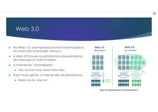 Web 3.0
 Na Web 1.0, as empresas proviam informações e,
no nível mais avançado, serviços.
 A Web 2.0 trouxe as plataformas orquestradoras
de mercado os matchmakers.
 A Internet foi ”centralizada”.
 Não há mais tanto World Wide Web.
 Para muita gente, a Internet são as plataformas.
 Redes sociais, Uber etc.
51
https://ip-capitalpartners.com/reports/web-3/
 