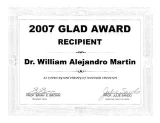 2007 University of Windsor Glad Teaching Award for Non-tenured Faculty