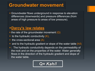 Groundwater movement
 Groundwater flows underground in response to elevation
  differences (downwards) and pressure differences (from
  areas of high pressure to areas of low pressure).


Darcy's law relates
 the rate of the groundwater movement (Q)
 to the hydraulic conductivity (K),
 the cross-sectional area (A)
 and to the hydraulic gradient or slope of the water table (h/l)
 : The hydraulic conductivity depends on the permeability of
  the rock and on the properties of the water. Water generally
  flows in the direction of the hydraulic gradient and slope of
  the water table.

                          Q= Kah/l
 