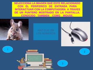 SELECCIONA LA IMAGEN QUE ESTE RELACIONADO
      CON EL PERIFERICO DE ENTRADA PARA
    INTERACTUAR CON LA COMPUTADORA A TRAVES
    DE UN PUNTERO MOSTRADO EN LA PANTALLA.
        CONOCIDO TAMBIEN COMO MOUSE.




                  HAZ CLIC EN
                 LOS NUMEROS




1
                                                2



                                 3
 