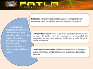 Evaluación Final del Curso: Metas logradas en el aprendizaje tienen que tener los créditos y reconocimientos al esfuerzo     La sección de negociación consta  de los elementos que permiten visualizar los logros obtenidos durante los procesos educativos  y desarrollaradosen base a la metodología PACIELa Despedida:Espacio donde se desarrolla las relaciones humanas con un toque de calidez entre los miembros de la comunidad del aprendizaje, por que nunca debemos olvidar que la mejor forma de enseñar es con amor.Certificado de Graduación: Es el físico del esfuerzo al trabajo, el reconocimiento de un logro alcanzado, un estímulo para seguir adelante. 