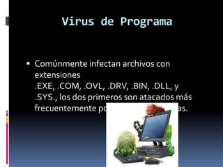 Virus de Programa


 Comúnmente infectan archivos con
 extensiones
 .EXE, .COM, .OVL, .DRV, .BIN, .DLL, y
 .SYS., los dos primeros son atacados más
 frecuentemente por que se utilizan mas.
 