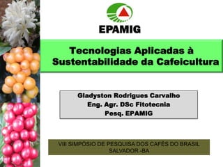 Tecnologias Aplicadas à
Sustentabilidade da Cafeicultura

Gladyston Rodrigues Carvalho
Eng. Agr. DSc Fitotecnia
Pesq. EPAMIG

VIII SIMPÓSIO DE PESQUISA DOS CAFÉS DO BRASIL
SALVADOR -BA

 