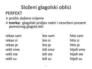 Složeni glagolski oblici 
PERFEKT 
 prošlo složeno vrijeme 
 tvorba: glagolski pridjev radni i nesvršeni prezent 
pomoćnog glagola biti 
rekao sam bio sam htio sam 
rekao si bio si htio si 
rekao je bio je htio je 
rekli smo bili smo htjeli smo 
rekli ste bili ste htjeli ste 
rekli su bili su htjeli su 
G.I. 
 