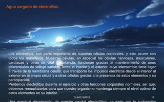 Agua cargada de electrolitos.




 Los electrolitos, son parte importante de nuestras células corporales, y esto ocurre con
 todos los mamíferos. Nuestras células, en especial las células nerviosas, musculares,
 cardíacas y otras de vital importancia, funcionan gracias al mantenimiento de unos
 diferenciales de voltaje variable, entre el interior y el exterior, cuyo intercambio tiene lugar
 a través de la membrana celular, que transporta los impulsos eléctricos desde el interior al
 exterior en la propia célula y a otras células gracias a la presencia de estos elementos y su
 participación.
 Perdemos electrolitos durante el ejercicio y otras funciones corporales normales, así que,
 debemos reemplazarlos para que nuestro organismo mantenga siempre el nivel optimo de
 estos elementos en su interior.
                                           GLAICE WATER                                       17
 
