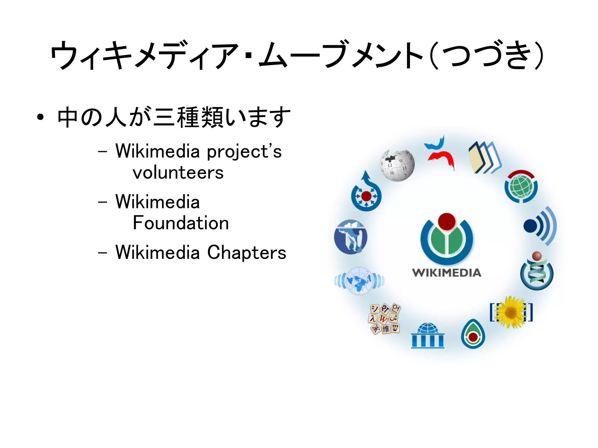 ウィキメディア・ムーブメント（つづき）
●   中の人が三種類います
     –   Wikimedia project's
          volunteers
     –   Wikimedia
          Foundation
     –   Wikimedia Chapters
 