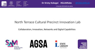 North Terrace Cultural Precinct Innovation Lab
Collaboration, Innovation, Networks and Digital Capabilities
Dr Kristy Kokegei #GLAMlabs @SAGLAMLab
11 December 2019 GLAM Labs webinar
 