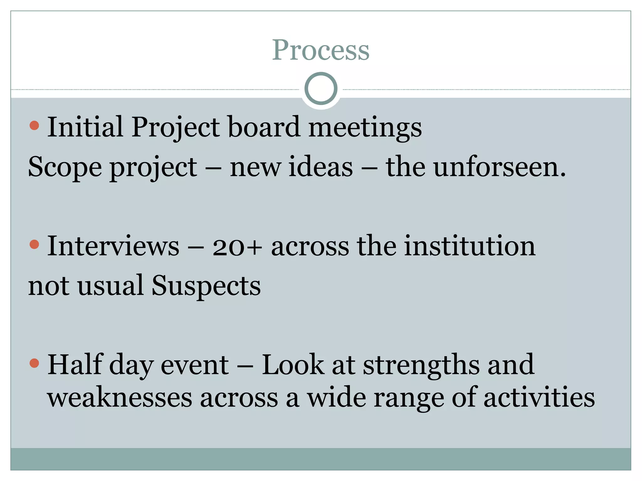 Process Initial Project board meetings Scope project – new ideas – the unforseen. Interviews – 20+ across the institution  not usual Suspects  Half day event – Look at strengths and weaknesses across a wide range of activities 