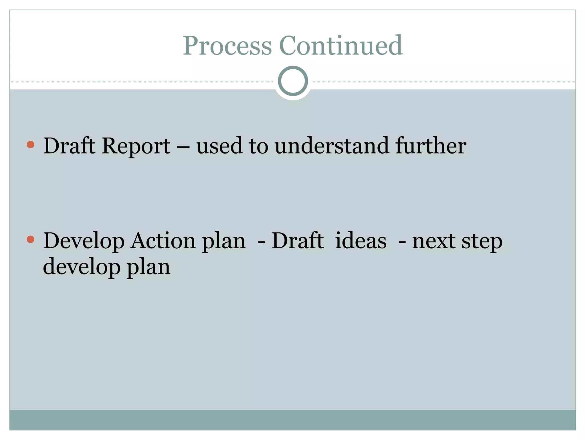 Process Continued Draft Report – used to understand further Develop Action plan  - Draft  ideas  - next step develop plan 