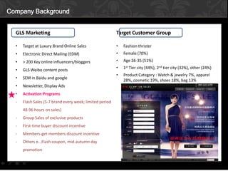 Company Background
GLS Marketing

Target Customer Group

•

Target at Luxury Brand Online Sales

•

Fashion thrister

•

Electronic Direct Mailing (EDM)

•

Female (70%)

•

> 200 Key online influencers/bloggers

•

Age 26-35 (51%)

•

GLS Weibo content posts

•

1st Tier city (44%), 2nd tier city (32%), other (24%)

•

SEM in Baidu and google

•

Product Category : Watch & jewelry 7%, apparel
28%, cosmetic 19%, shoes 18%, bag 13%

•

Newsletter, Display Ads

•

Activation Programs

-

Flash Sales (5-7 brand every week; limited period
48-96 hours on sales)

-

Group Sales of exclusive products

-

First-time buyer discount incentive

-

Members-get-members discount incentive

-

Others e.. Flash coupon, mid-autumn day
promotion

 
