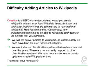 Difficulty Adding Articles to Wikipedia
Question to all EFD content providers: would you create
Wikipedia articles, or at least Wikidata items, for important
traditions/ foods/ etc that are still missing in your national
Wikipedia? How feasible is this? Conversely: how
important/valuable it is to be able to recognize such terms in
the objects that you'll provide?
 We will not deliver articles to Wikipedia, as unfortunately we
don't have time for such additional activities.
 We use in-house classification systems that we have evolved
over the years. These are not currently mapped to other
classification systems. We have no plans (or resources) to
update or create Wikipedia entries
Thanks for your honesty! 
 