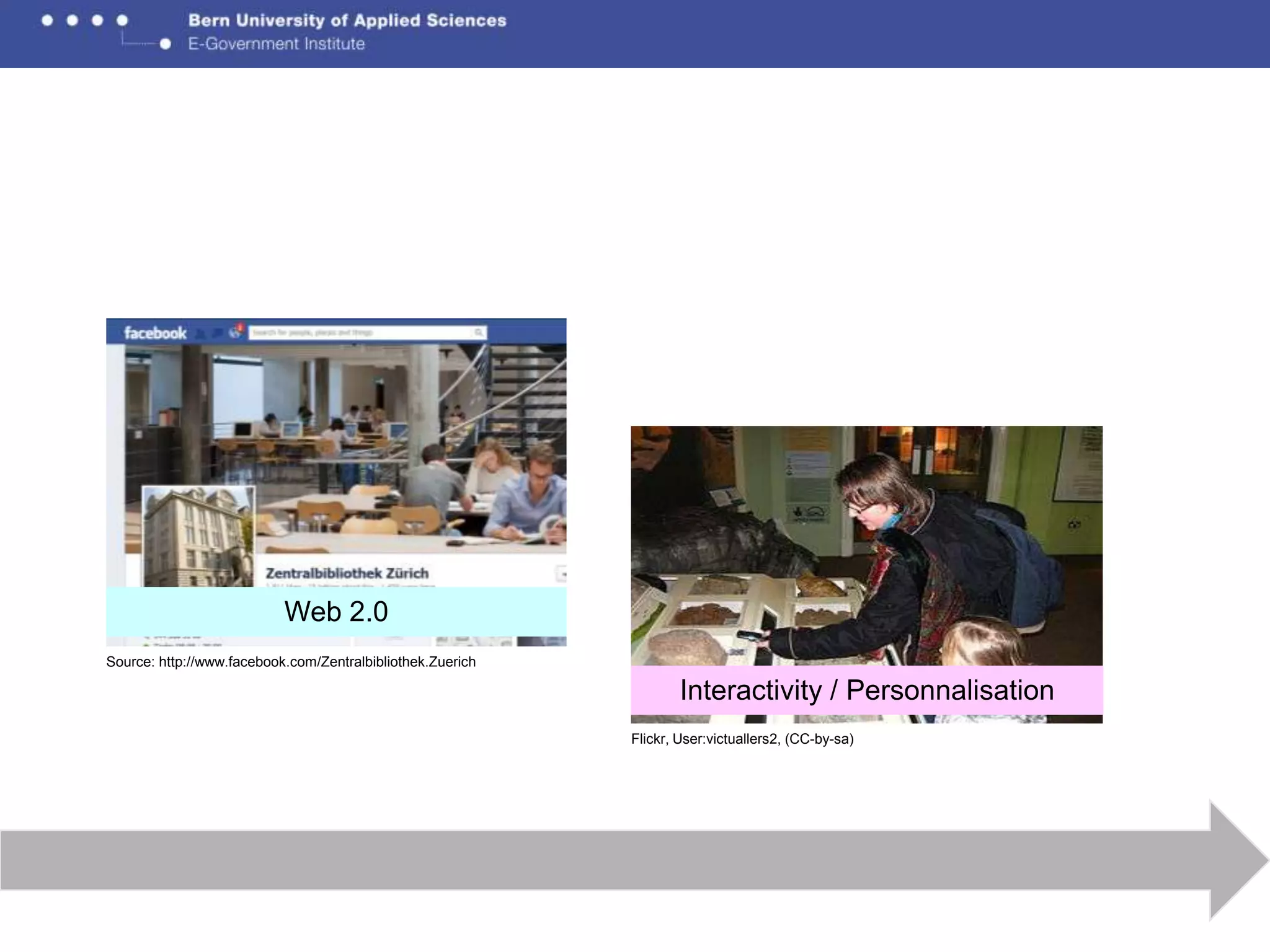Web 2.0
Source: http://www.facebook.com/Zentralbibliothek.Zuerich

                                                                    Interactivity / Personnalisation
                                                            Flickr, User:victuallers2, (CC-by-sa)




                                                                                                       3
 