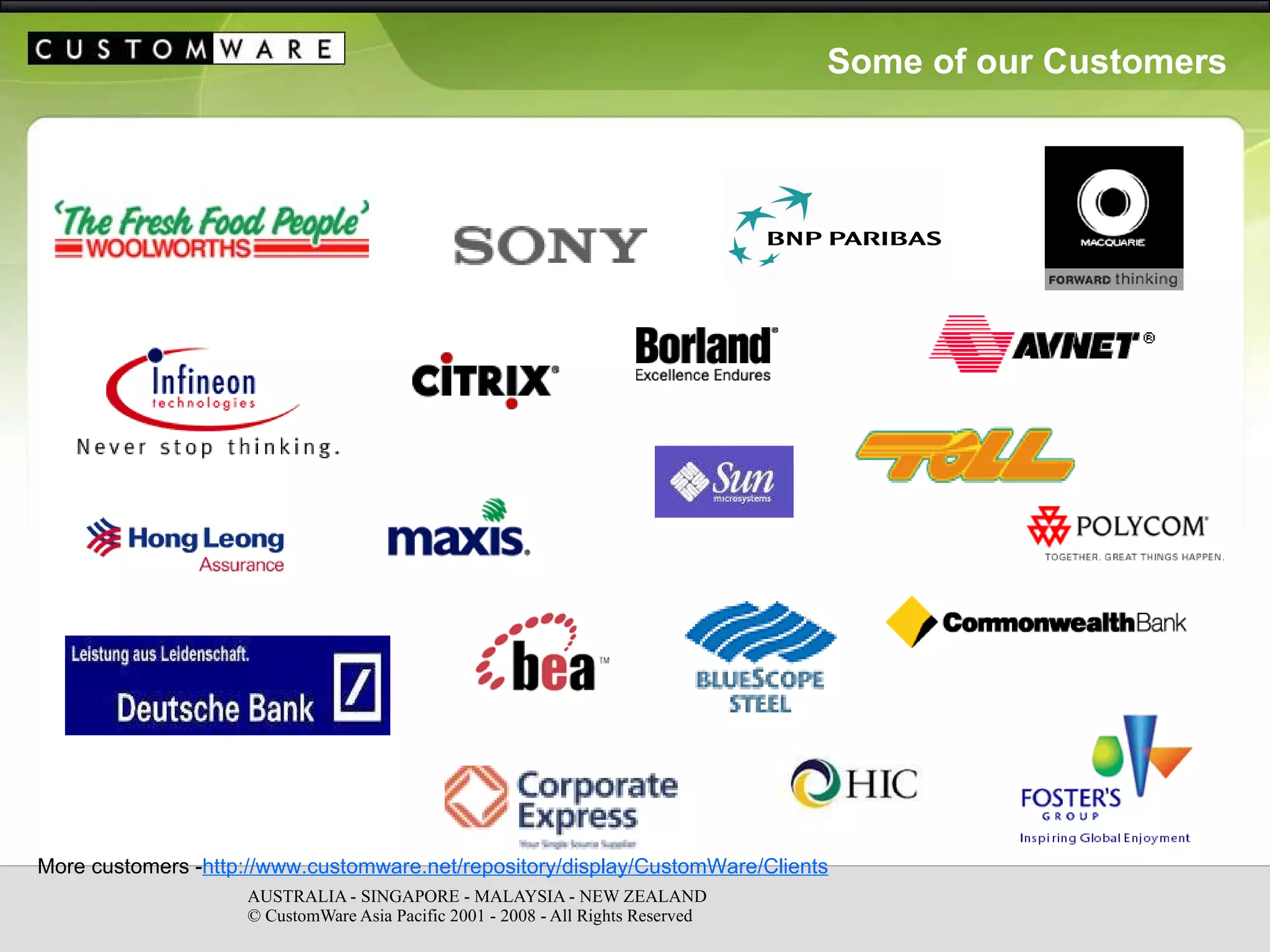 Some of our Customers More customers - http://www.customware.net/repository/display/CustomWare/Clients   