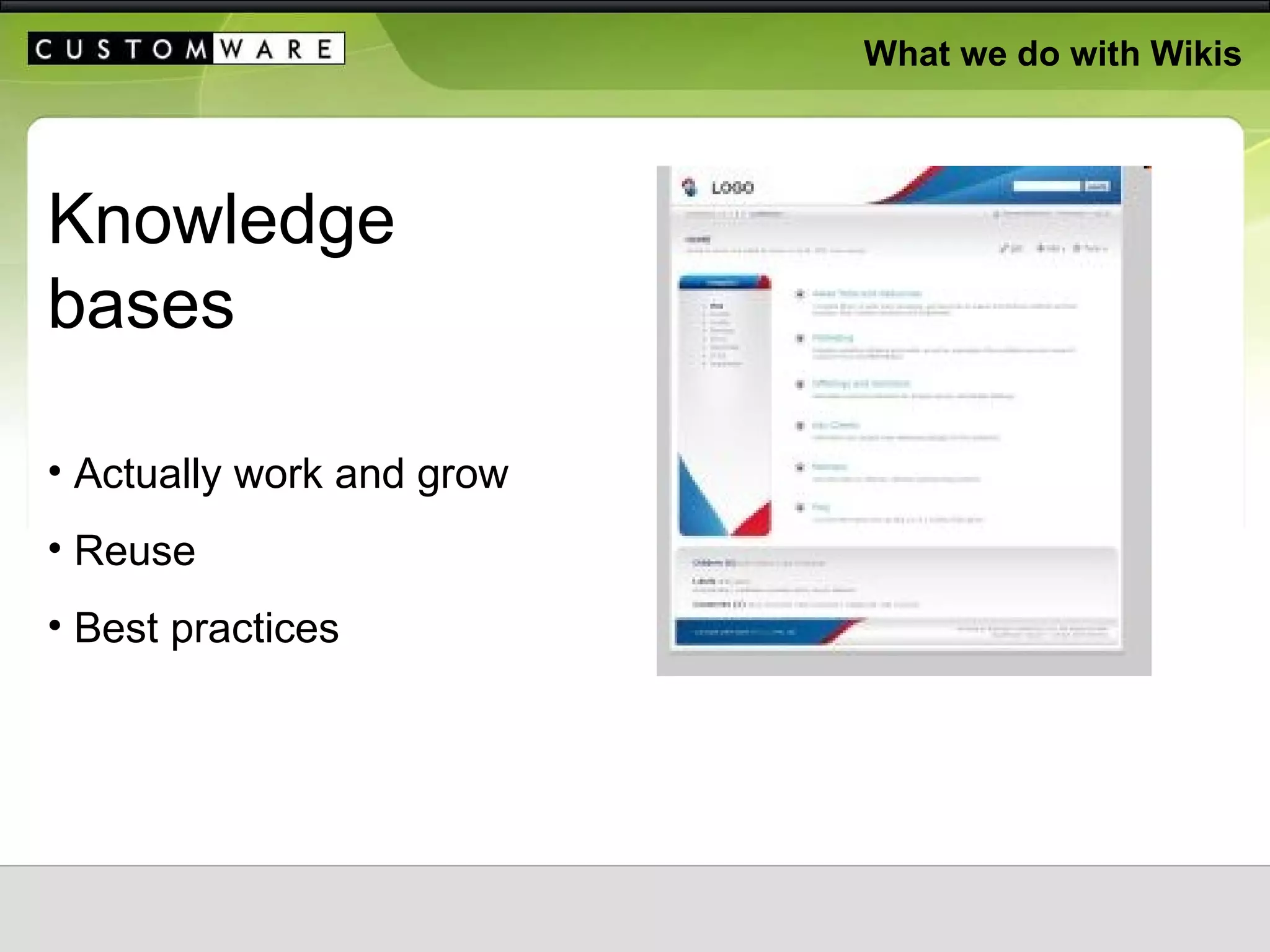 What we do with Wikis Knowledge bases Actually work and grow Reuse  Best practices  