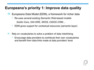 Europeana’s priority 1: Improve data quality
 Europeana Data Model (EDM), a framework for richer data
• Re-uses several existing Semantic Web-based models
Dublin Core, OAI-ORE, SKOS, CIDOC-CRM…
• EDM gives support for contextual resources (semantic layer)
 Rely on vocabularies to solve a problem of data interlinking
• Encourage data providers to contribute their own vocabularies
and benefit from data links made at data providers’ level
 