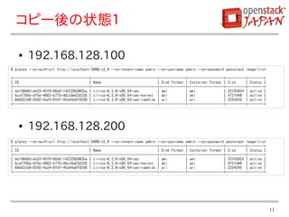 コピー後の状態１

   ●    192.168.128.100
$ glance --os-auth-url http://localhost:5000/v2.0 --os-tenant-name admin --os-username admin --os-password openstack image-list

+--------------------------------------+---------------------------------+-------------+------------------+----------+--------+
| ID                                   | Name                            | Disk Format | Container Format | Size     | Status |
+--------------------------------------+---------------------------------+-------------+------------------+----------+--------+
| de150d8d-eb33-45f9-88a6-142228b902ba | cirros-0.3.0-x86_64-uec         | ami         | ami              | 25165824 | active |
| bcaf789e-df5e-4862-b77b-d6cc8e63d33b | cirros-0.3.0-x86_64-uec-kernel | aki          | aki              | 4731440 | active |
| 0db62cb0-d592-4a24-8fdf-45a44a6f9298 | cirros-0.3.0-x86_64-uec-ramdisk | ari         | ari              | 2254249 | active |
+--------------------------------------+---------------------------------+-------------+------------------+----------+--------+




   ●    192.168.128.200
$ glance --os-auth-url http://localhost:5000/v2.0 --os-tenant-name admin --os-username admin --os-password openstack image-list
+--------------------------------------+---------------------------------+-------------+------------------+----------+--------+
| ID                                   | Name                            | Disk Format | Container Format | Size     | Status |
+--------------------------------------+---------------------------------+-------------+------------------+----------+--------+
| de150d8d-eb33-45f9-88a6-142228b902ba | cirros-0.3.0-x86_64-uec         | ami         | ami              | 25165824 | active |
| bcaf789e-df5e-4862-b77b-d6cc8e63d33b | cirros-0.3.0-x86_64-uec-kernel | aki          | aki              | 4731440 | active |
| 0db62cb0-d592-4a24-8fdf-45a44a6f9298 | cirros-0.3.0-x86_64-uec-ramdisk | ari         | ari              | 2254249 | active |
+--------------------------------------+---------------------------------+-------------+------------------+----------+--------+




                                                                                                                                  11
 