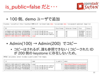 is_public=false だと・・・

   ●    100 側、 demo ユーザで追加
$ glance --os-auth-url http://localhost:5000/v2.0 --os-tenant-name demo --os-username demo --os-password openstack image-list

+--------------------------------------+---------------------------------+-------------+------------------+----------+--------+
| ID                                   | Name                            | Disk Format | Container Format | Size     | Status |
+--------------------------------------+---------------------------------+-------------+------------------+----------+--------+
| de150d8d-eb33-45f9-88a6-142228b902ba | cirros-0.3.0-x86_64-uec         | ami         | ami              | 25165824 | active |
| bcaf789e-df5e-4862-b77b-d6cc8e63d33b | cirros-0.3.0-x86_64-uec-kernel | aki          | aki              | 4731440 | active |
| 0db62cb0-d592-4a24-8fdf-45a44a6f9298 | cirros-0.3.0-x86_64-uec-ramdisk | ari         | ari              | 2254249 | active |
| 0d075151-3925-4b85-8f77-d908f1df70be | snap1                           | ami         | ami              | 25165824 | active |
+--------------------------------------+---------------------------------+-------------+------------------+----------+--------+



   ●    Admin(100) → Admin(200) でコピー
          ●   コピーはされるが、誰も参照できない ( コピーされた ID
              が 200 側の keystone に存在しないため。
MYSQL> use glance; select id,name,is_public,owner from images;

+--------------------------------------+---------------------------------+-----------+----------------------------------+
| id                                   | name                            | is_public | owner                            |
+--------------------------------------+---------------------------------+-----------+----------------------------------+
| 0d075151-3925-4b85-8f77-d908f1df70be | snap1                           |         0 | 936ef2486d3749bbb51bfedbc69e9d28 |
| 0db62cb0-d592-4a24-8fdf-45a44a6f9298 | cirros-0.3.0-x86_64-uec-ramdisk |         1 | a458e9fbf0394622a1aa627550d20daa |
| bcaf789e-df5e-4862-b77b-d6cc8e63d33b | cirros-0.3.0-x86_64-uec-kernel |          1 | a458e9fbf0394622a1aa627550d20daa |
| de150d8d-eb33-45f9-88a6-142228b902ba | cirros-0.3.0-x86_64-uec         |         1 | a458e9fbf0394622a1aa627550d20daa |
+--------------------------------------+---------------------------------+-----------+----------------------------------+
                                                                                                                                  13
 