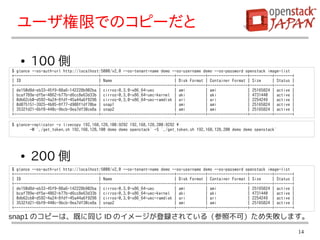 ユーザ権限でのコピーだと

   ●    100 側
$ glance --os-auth-url http://localhost:5000/v2.0 --os-tenant-name demo --os-username demo --os-password openstack image-list
+--------------------------------------+---------------------------------+-------------+------------------+----------+--------+
| ID                                   | Name                            | Disk Format | Container Format | Size     | Status |
+--------------------------------------+---------------------------------+-------------+------------------+----------+--------+
| de150d8d-eb33-45f9-88a6-142228b902ba | cirros-0.3.0-x86_64-uec         | ami         | ami              | 25165824 | active |
| bcaf789e-df5e-4862-b77b-d6cc8e63d33b | cirros-0.3.0-x86_64-uec-kernel | aki          | aki              | 4731440 | active |
| 0db62cb0-d592-4a24-8fdf-45a44a6f9298 | cirros-0.3.0-x86_64-uec-ramdisk | ari         | ari              | 2254249 | active |
| 0d075151-3925-4b85-8f77-d908f1df70be | snap1                           | ami         | ami              | 25165824 | active |
| 3532fd21-6bf8-440c-9bcb-9ea7df30ce8a | snap2                           | ami         | ami              | 25165824 | active |
+--------------------------------------+---------------------------------+-------------+------------------+----------+--------+

$ glance-replicator -v livecopy 192.168.128.100:9292 192.168.128.200:9292 
        -M `./get_token.sh 192.168.128.100 demo demo openstack` -S `./get_token.sh 192.168.128.200 demo demo openstack`




   ●    200 側
$ glance --os-auth-url http://localhost:5000/v2.0 --os-tenant-name demo --os-username demo --os-password openstack image-list
+--------------------------------------+---------------------------------+-------------+------------------+----------+--------+
| ID                                   | Name                            | Disk Format | Container Format | Size     | Status |
+--------------------------------------+---------------------------------+-------------+------------------+----------+--------+
| de150d8d-eb33-45f9-88a6-142228b902ba | cirros-0.3.0-x86_64-uec         | ami         | ami              | 25165824 | active |
| bcaf789e-df5e-4862-b77b-d6cc8e63d33b | cirros-0.3.0-x86_64-uec-kernel | aki          | aki              | 4731440 | active |
| 0db62cb0-d592-4a24-8fdf-45a44a6f9298 | cirros-0.3.0-x86_64-uec-ramdisk | ari         | ari              | 2254249 | active |
| 3532fd21-6bf8-440c-9bcb-9ea7df30ce8a | snap2                           | ami         | ami              | 25165824 | active |
+--------------------------------------+---------------------------------+-------------+------------------+----------+--------+

snap1 のコピーは、既に同じ ID のイメージが登録されている（参照不可）ため失敗します。

                                                                                                                                  14
 