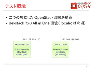 テスト環境

●   二つの独立した OpenStack 環境を構築
●   devstack での All in One 環境（ localrc は次項）



             192.168.128.100          192.168.128.200

       Ubuntu12.04             Ubuntu12.04

      Folsom/stable            Folsom/stable
        Devstack                 Devstack
       (all in one)             (all in one)




                                                        6
 